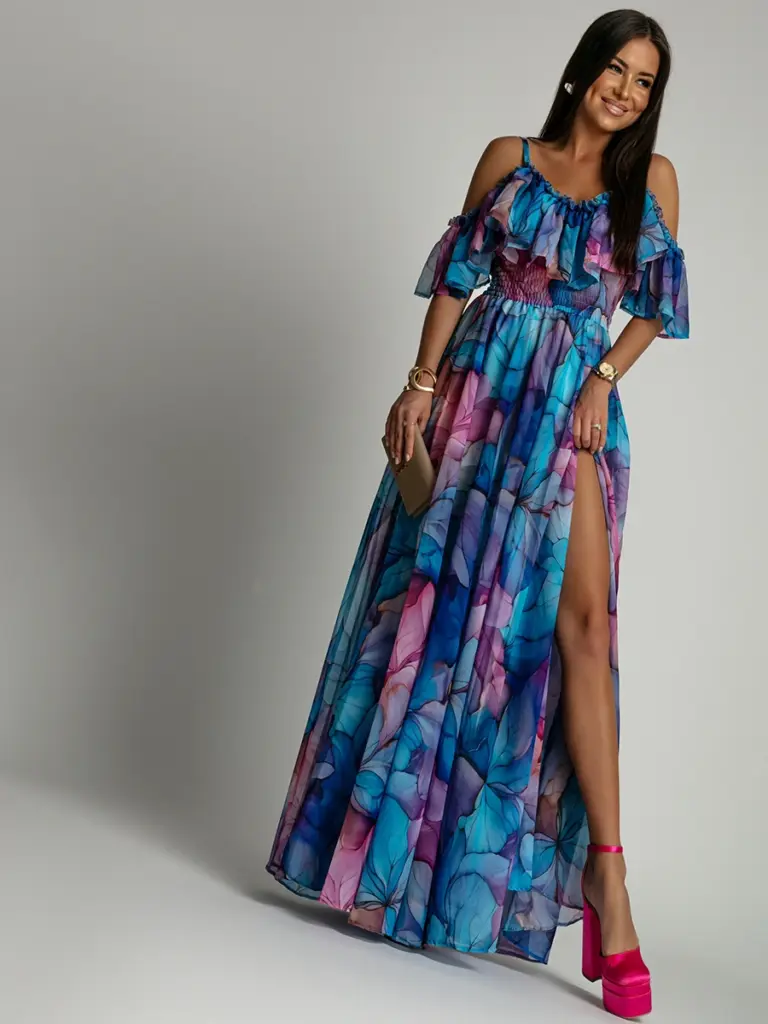 Sukienka maxi NB w kwiaty Secret Garden niebieska