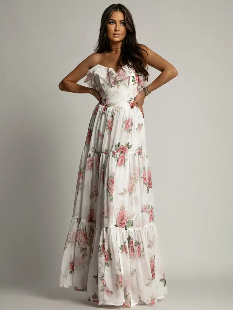 Sukienka maxi w róze NB Viva Garden biała