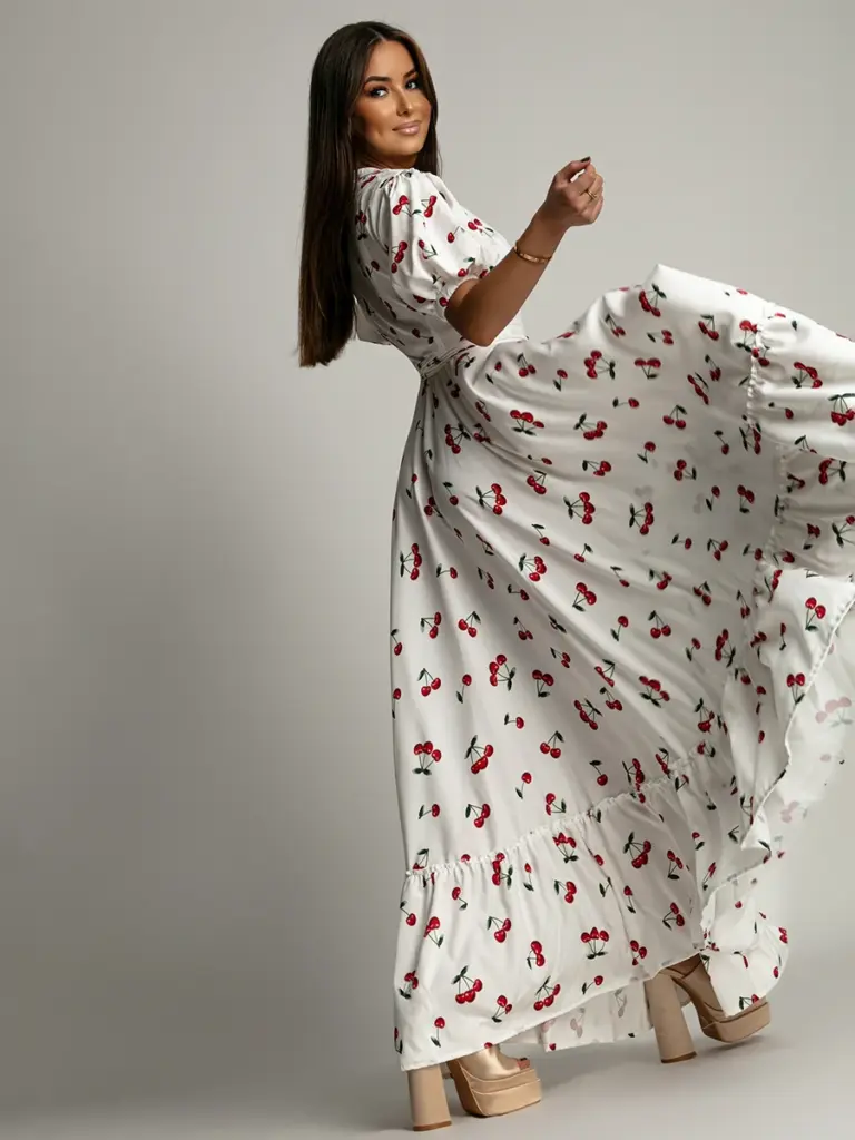 Sukienka maxi w wisienki Cherry biała