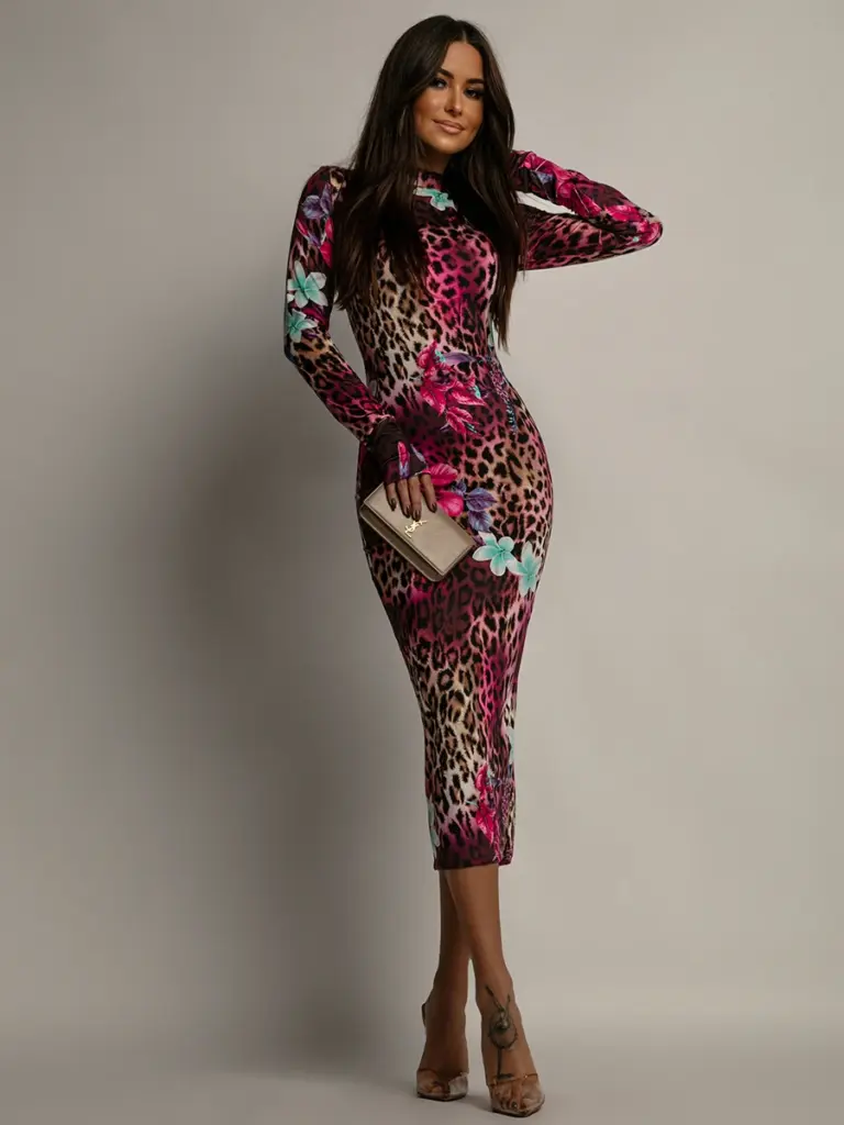 Sukienka midi z lycry NB Nemis panterka + kwiaty