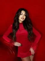 Sukienka z piórami welurowa NB Merelli II czerwona